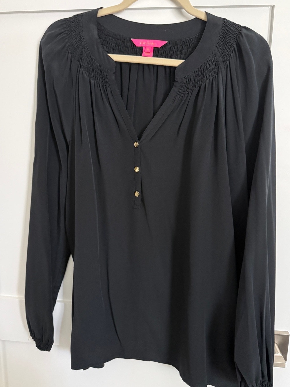 Lilly Pulitzer Elsa silk blouse- black with gold buttons